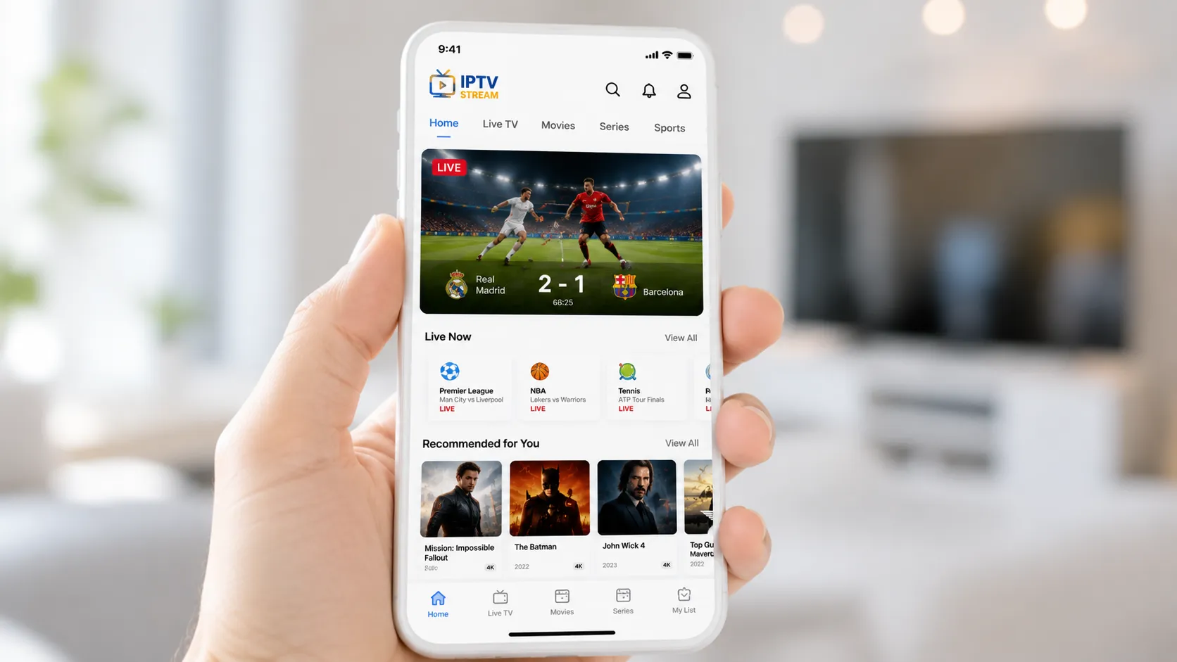 Collection of IPTV-compatible devices including Amazon Firestick, Smart TV, Android phone and tablet ready for setup